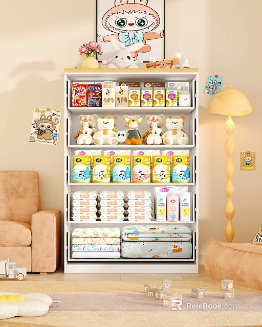 Organized Chest of Drawers with Snacks Plush Toys Milk Powder Diapers Living Room Sofa Lamp 3d model 