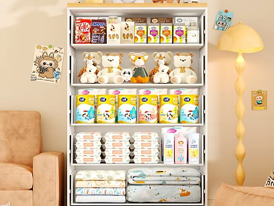 Organized Chest of Drawers with Snacks Plush Toys Milk Powder Diapers Living Room Sofa Lamp 3d model