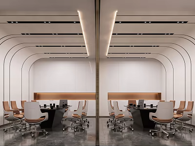 Modern Conference Room Interior With Curved Walls Meeting Table And Ergonomic Chairs 3d model