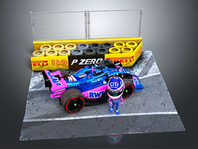 Blue And Pink Racing Car With Pit Figure Near Track Side Tire Wall 3d model