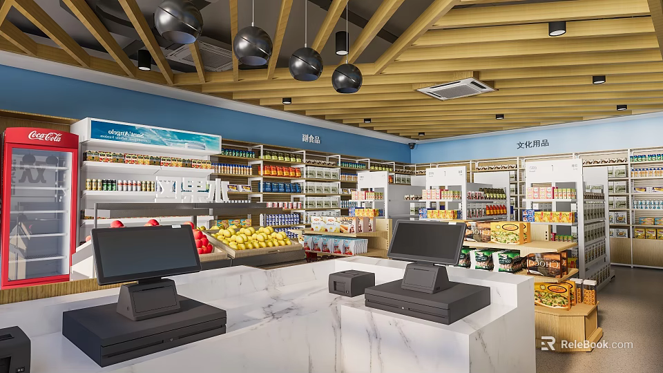 Modern General Merchandise Supermarket Interior With Checkout Counters Shelves And Fresh Fruits 3d model 