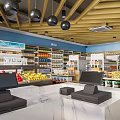 Modern General Merchandise Supermarket Interior With Checkout Counters Shelves And Fresh Fruits