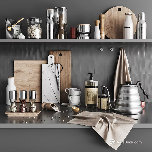 Stylish Kitchen Utensils On Countertop With Wooden Cutting Boards Scissors Kettle And Pepper Grinders 3d model 