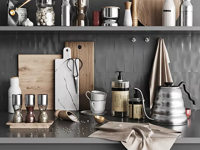 Stylish Kitchen Utensils On Countertop With Wooden Cutting Boards Scissors Kettle And Pepper Grinders 3d model