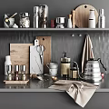 Stylish Kitchen Utensils On Countertop With Wooden Cutting Boards Scissors Kettle And Pepper Grinders