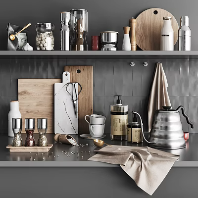 Stylish Kitchen Utensils On Countertop With Wooden Cutting Boards Scissors Kettle And Pepper Grinders 3d model