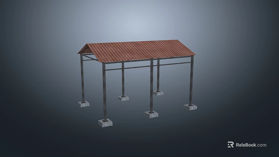 Sturdy Metal Frame Structure With Corrugated Roof And Concrete Foundation Supports 3d model 
