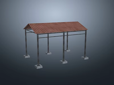 Sturdy Metal Frame Structure With Corrugated Roof And Concrete Foundation Supports 3d model