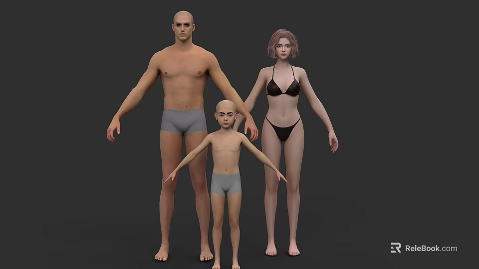 Human Characters Including Adult Male Female Child In Underwear Standing On Grey Background 3d model 