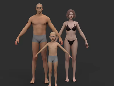 Human Characters Including Adult Male Female Child In Underwear Standing On Grey Background 3d model