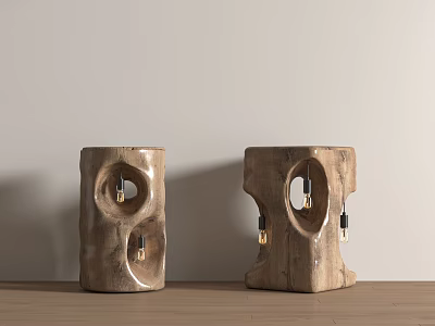 Natural Textured Wooden Floor Lamps With Unique Hole Design And Exposed Bulbs On Wooden Floor 3d model