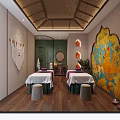 Traditional SPA Room Interior With Massage Beds Hanging Towels Wooden Ceiling And Wall Art