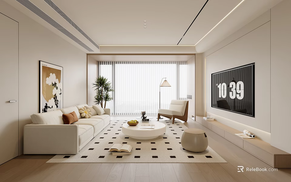 Modern Minimalist Living Room Interior With White Sofa Checkered Rug Round Coffee Table And TV 3d model 