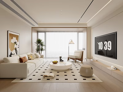 Modern Minimalist Living Room Interior With White Sofa Checkered Rug Round Coffee Table And TV 3d model
