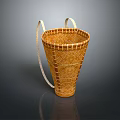 Indoor Plant in Conical Bamboo Basket with White Handles on Dark Background