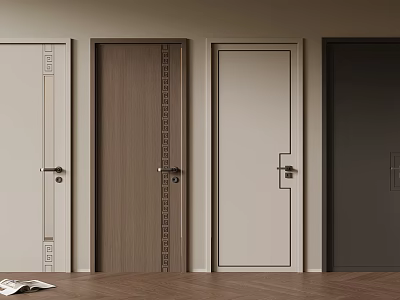 Interior Doors With Various Designs Colors And Decorative Details On Wooden Floor 3d model