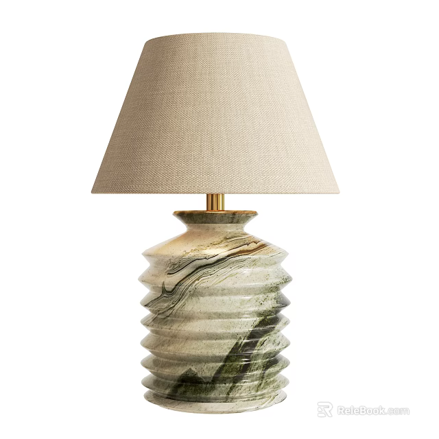 Elegant Table Lamp With Beige Fabric Lampshade And Spiral Green White Marble Ceramic Base 3d model 