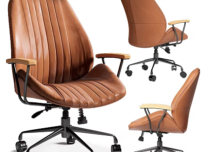 Brown Leather Office Chair With Wooden Armrests Modern Design And Swivel Wheels 3d model