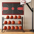 Basketball Court Interior Featuring Hoop Shelf Stacked Basketballs And Wall Mounted Diagram