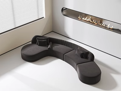Black Curved Sectional Sofa In Modern Living Room With Window And Wall Lighting 3d model