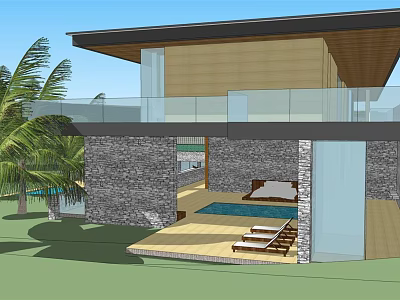 Modern Villa Exterior With Swimming Pool Terrace Glass Railing And Palm Trees 3d model