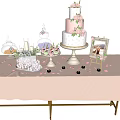 Three Tier Pink Rose Wedding Cake With Pastry Dessert Table And Candle Decorations