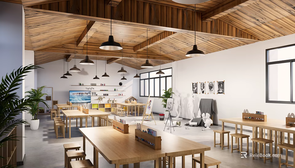 Book Art Studio with Wooden Tables Easels Plaster Sculptures Bookshelves and Natural Light 3d model 