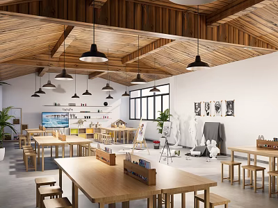 Book Art Studio with Wooden Tables Easels Plaster Sculptures Bookshelves and Natural Light 3d model
