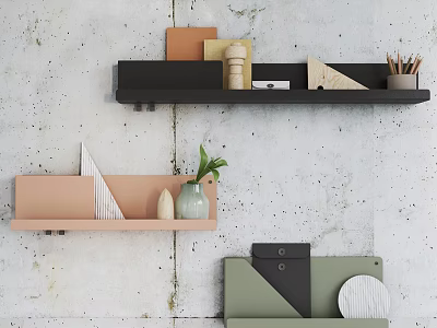 Modern Wall Mounted Shelving Units With Geometric Decor Vase Plant And Pencils 3d model