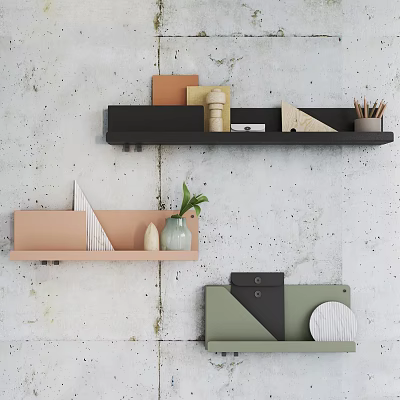Modern Wall Mounted Shelving Units With Geometric Decor Vase Plant And Pencils 3d model
