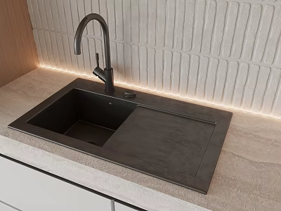 Modern Black Single Basin Kitchen Sink With Faucet On Stone Countertop Textured Tile Backsplash 3d model