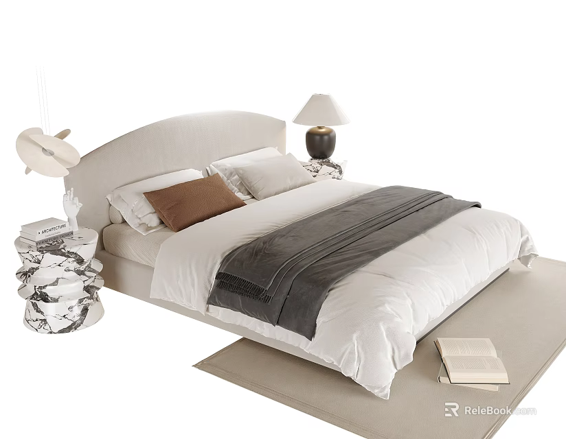 Cozy Light Colored Children's Bed with Soft Pillows Blanket Nightstand Table Lamp and Rug 3d model 