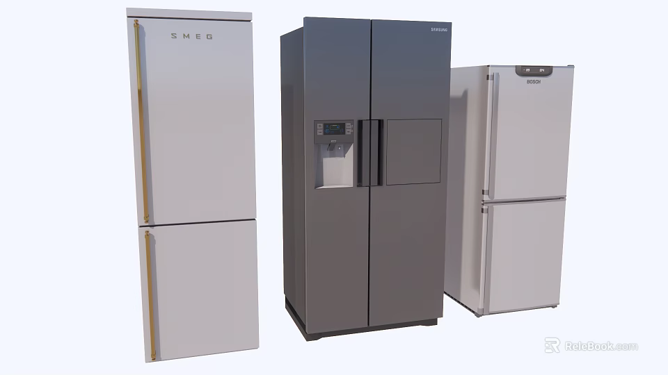 Modern Home Kitchen Refrigerators And Freezers With Double Door Water Dispenser In Silver Gray White 3d model 
