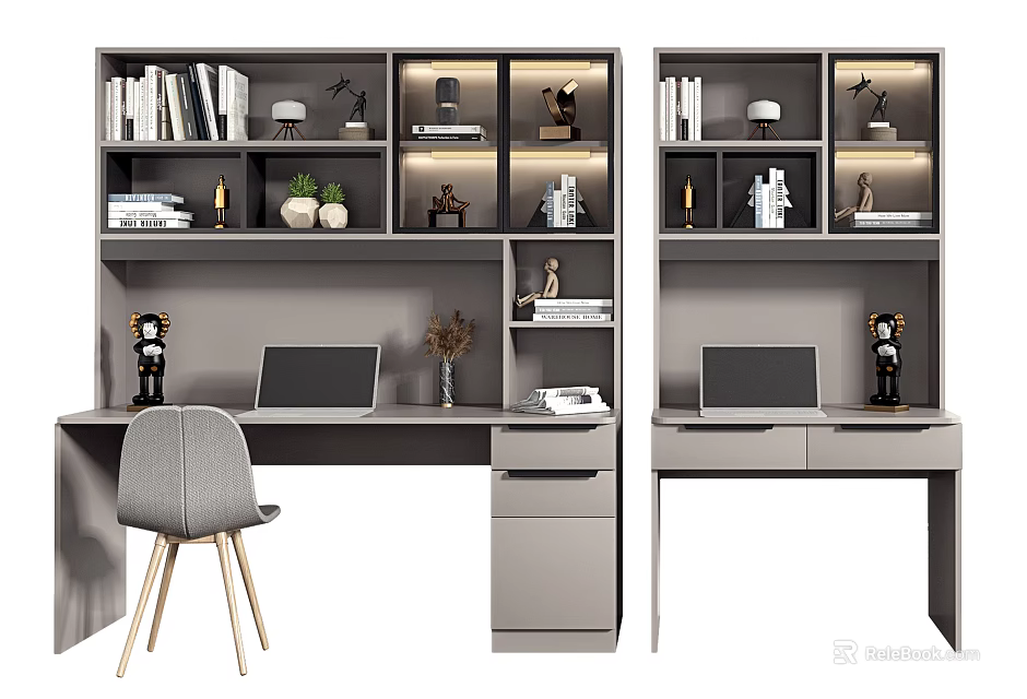 Modern Desk With Gray Chair Lighting Shelves Books Decorative Items And Plants 3d model 