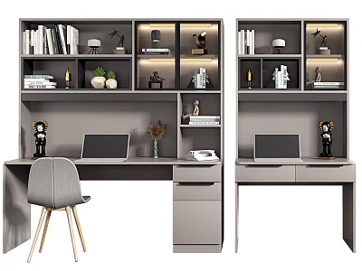 Modern Desk With Gray Chair Lighting Shelves Books Decorative Items And Plants 3d model