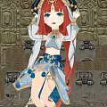 Anime Style Game Character With Pink Red Long Hair Blue White Outfit And Stone Wall
