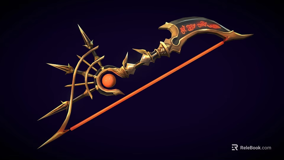 Ornate Golden Fantasy Weapon With Red Inscriptions Spiked Handle And Orange Orb 3d model 