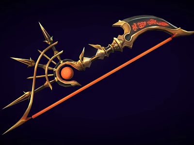 Ornate Golden Fantasy Weapon With Red Inscriptions Spiked Handle And Orange Orb 3d model