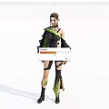 Game And Movie Character In Black Green Strappy Asymmetrical Outfit With Short Hairstyle