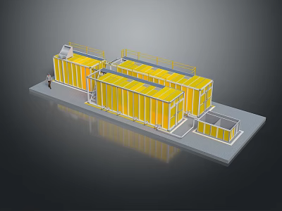 Yellow Modular Industrial Plant Design With Multiple Buildings And Metal Platforms 3d model
