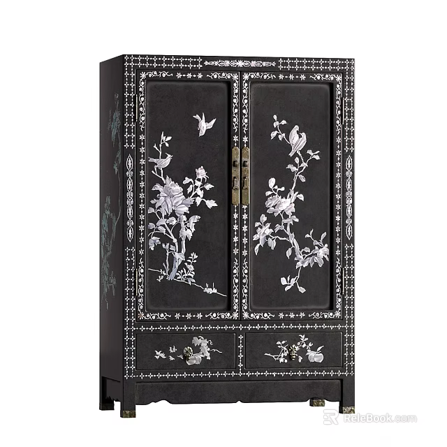 Traditional Black Cabinet With Intricate White Floral And Bird Patterns 3d model 