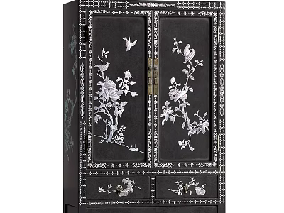 Traditional Black Cabinet With Intricate White Floral And Bird Patterns 3d model