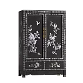 Traditional Black Cabinet With Intricate White Floral And Bird Patterns