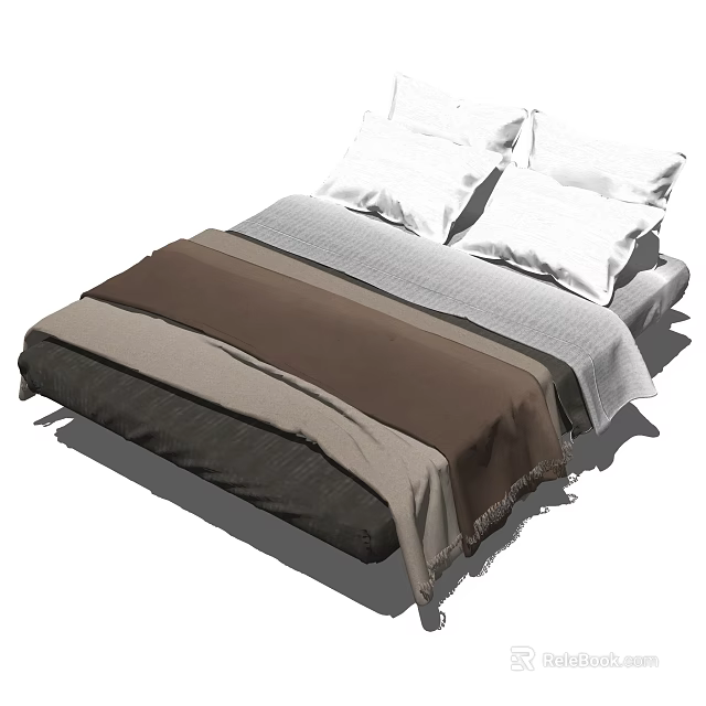 Double Bed With White Pillows And Layered Brown Gray Beige Bedding 3d model
