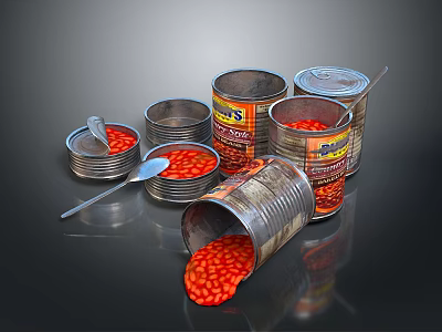 Open Metal Cans With Spilled Red Beans And Silver Spoon On Black Surface 3d model