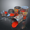 Open Metal Cans With Spilled Red Beans And Silver Spoon On Black Surface