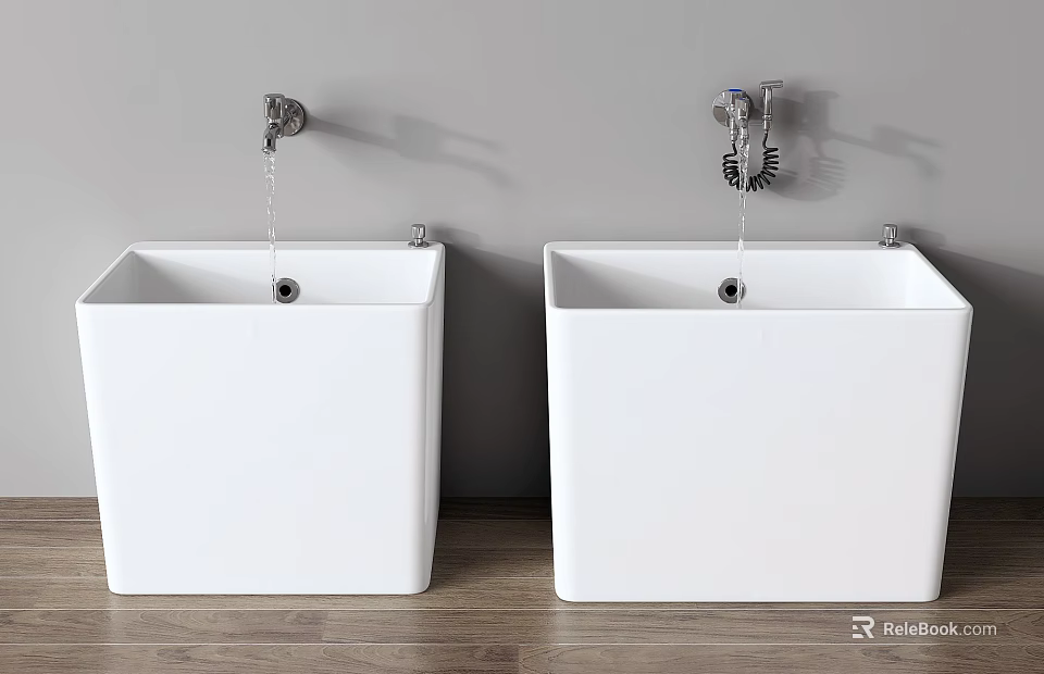 Two White Square Wall Mounted Washbasins With Faucets On Grey Wall Wooden Floor 3d model 