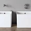 Two White Square Wall Mounted Washbasins With Faucets On Grey Wall Wooden Floor