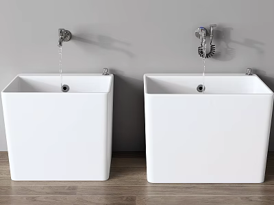 Two White Square Wall Mounted Washbasins With Faucets On Grey Wall Wooden Floor 3d model