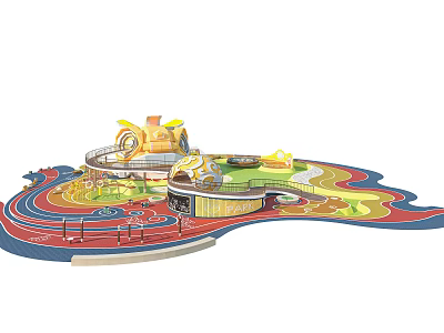 Colorful Playground Equipment Design With Spinning Structure Slides And Yellow Sun Shaped Top 3d model